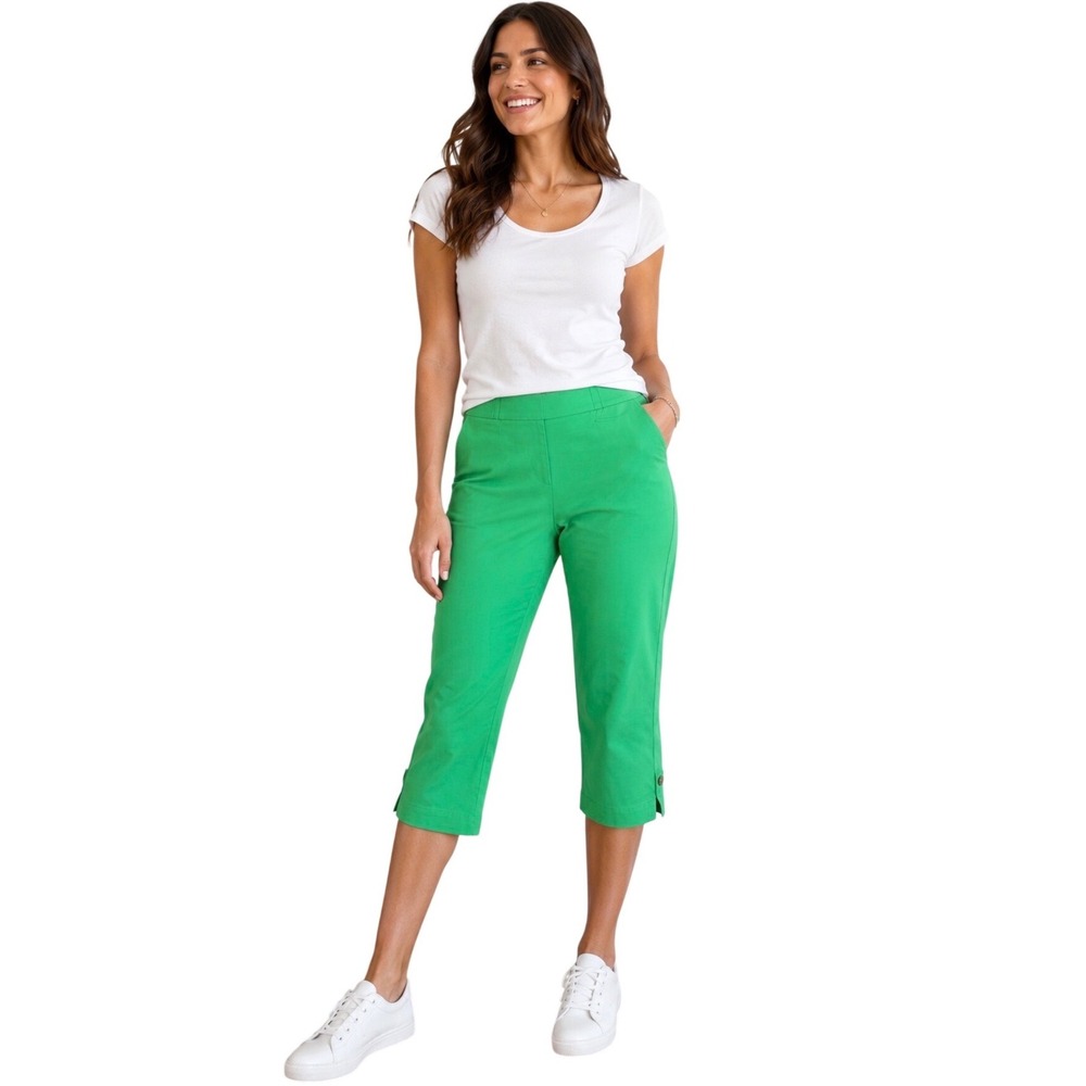 Talbots Curvy Fit Kelly Green Crop Pants Size 16 Cotton Stretch Capris Slit Hem